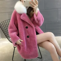 New Women's Loose Wool Fur Coat White Warm Real Fur Jackets Winter Red Sheep Shearing Coat with Fox Hair Collar Autumn Fashion