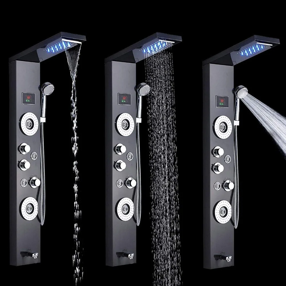 

Luxury Black/Brushed Bathroom LED Shower Panel Tower System Wall Mounted Mixer Tap Hand Shower SPA Massage Temperature Screen