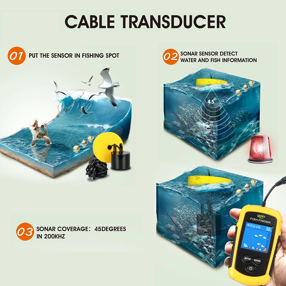 

LUCKY LCD Color Screen Portable Wired Fish Finder 100M Depth Range Sonar Echo Sounders Fishfinder