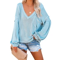 spring summer women casual loose v neck knitted long sleeve t shirt autumn sexy club solid thin lantern sleeve tops tee shirt