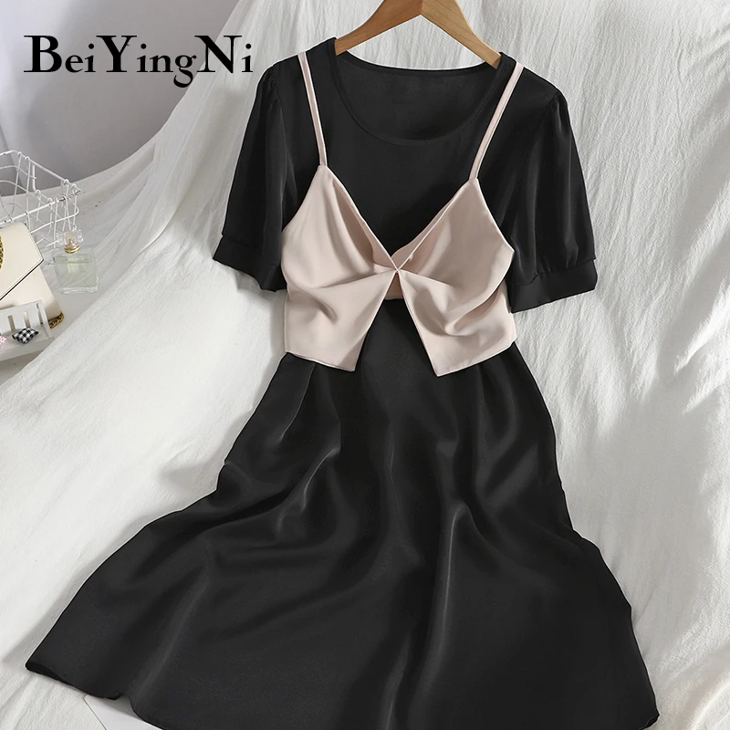 

Beiyingni женские миди платье А-силуэта комплекты Повседневный Обрезной Топ сплошной Цвет ", с О-образным вырезом с коротким рукавом из двух част...