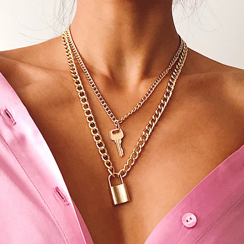

VAGZEB Fashion Multi Layer Lock Portrait Pendants Necklaces For Women Gold Metal Key Necklace New Design Jewelry Gift