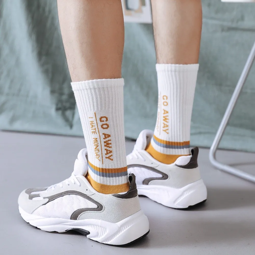 

6 Pairs "Go Away,I Hate Monday" Letter Print Men Socks Cotton Soft Breathable Long Sock Unisex Hip Hop Skateboard Crew Sock