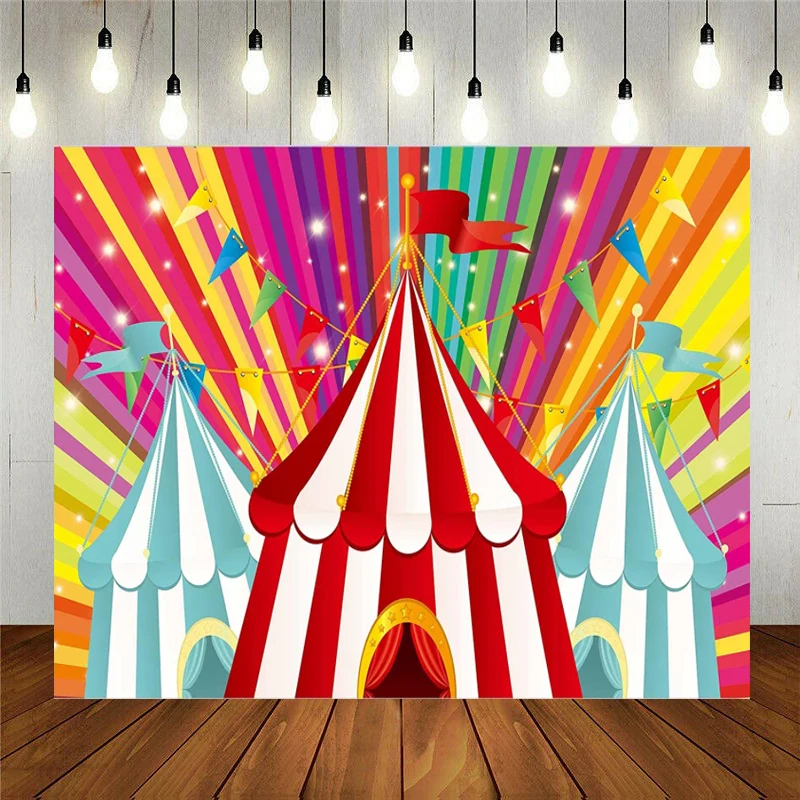 

Circus Tent Backdrop Birthday Baby Shower Theme Party Kids Cake Table Decor Colorful Background Supplies Banner Photo Booth