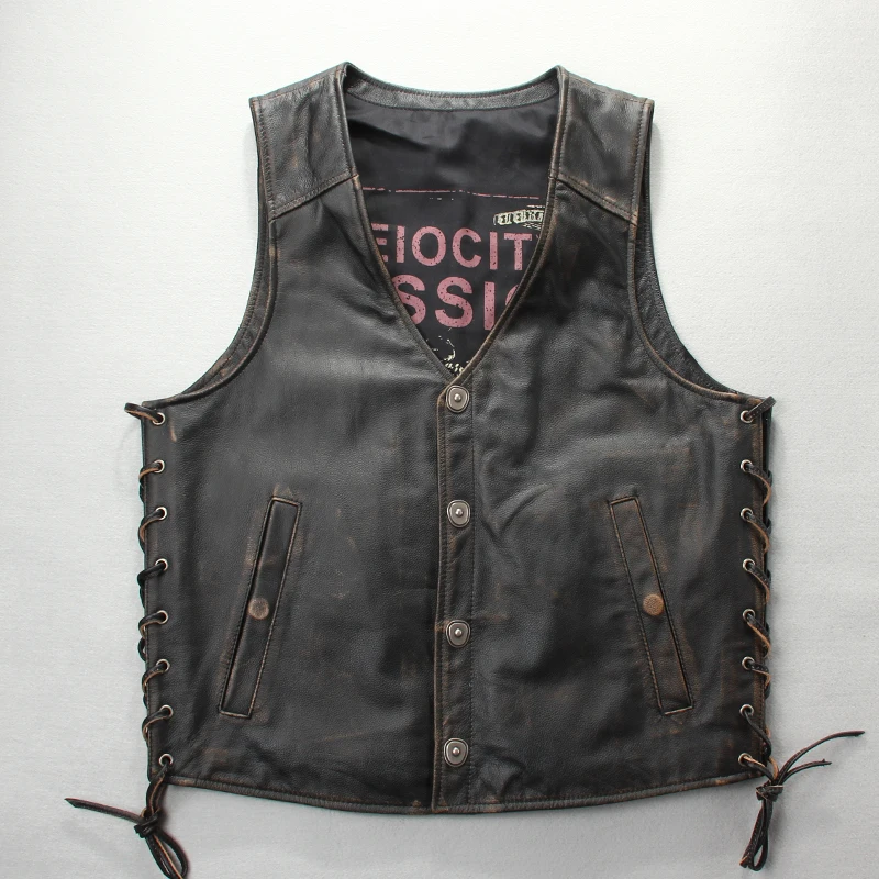 Бесплатная доставка мужской жилет из 100% натуральной кожи классные мотоциклетные