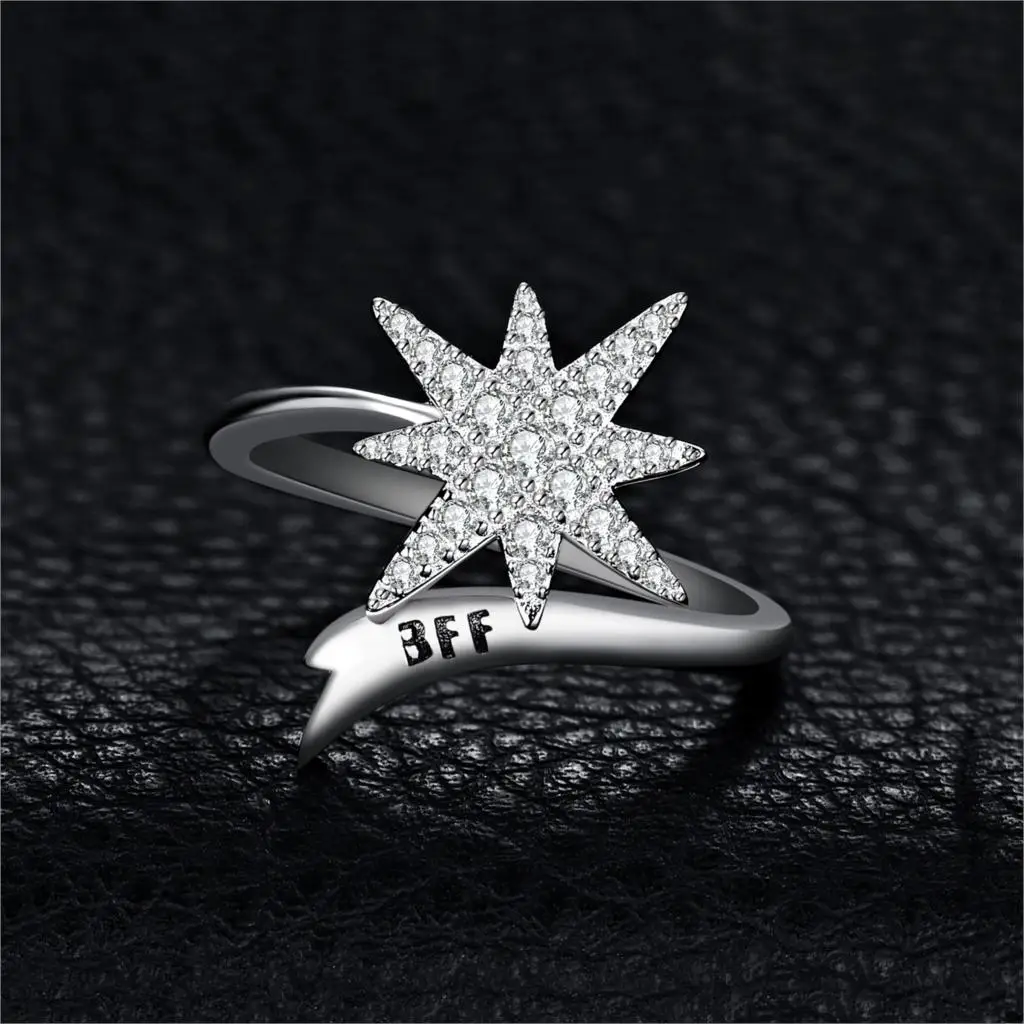 JewelryPalace Engraved BFF Snowflake Meteor Pave Cubic Zirconia Shooting Star Adjustable Open Ring 925 Sterling Silver Jewelry