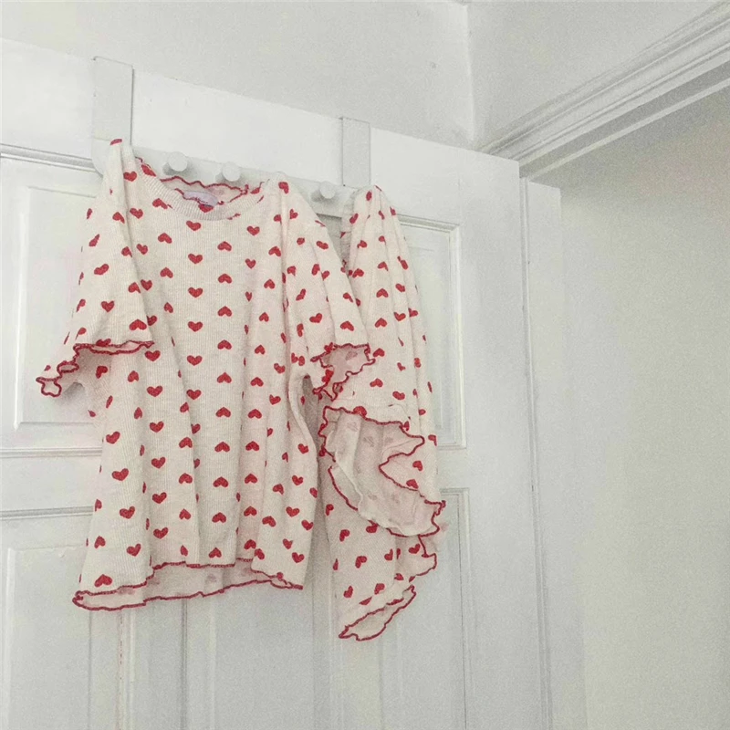 Heart Print Summer Pajamas Set Women Ruffles Shirts + Shorts Set Two Piece Sleepwear Knitting Cotton Home Suit Homewear