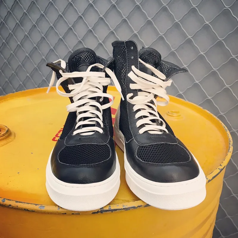 Модные мужские высокие дышащие сетчатые туфли на шнуровке Кожаные толстой