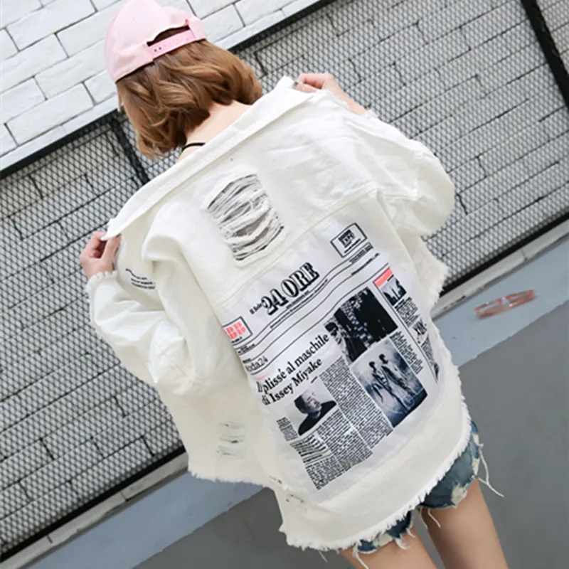 

2021 The New Spring Fall Women Wash Water Denim Jackets Loose Back Newspaper Applique BF Denim Coats Hole Outerwear Female