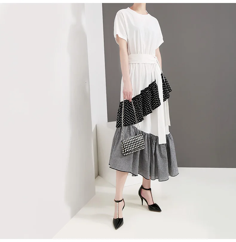 [EAM] New Spring Summer Round Neck Short Sleeve Hem Dot Irregular Plaid Printed Loose Dress Women Fashion Tide JT0880