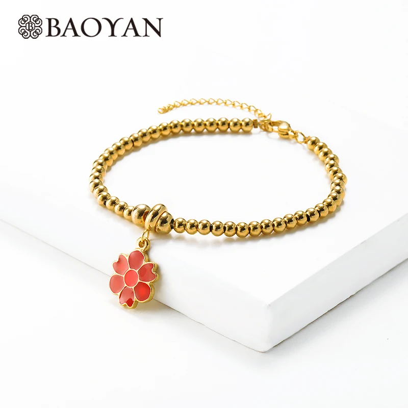BAOYAN Регулируемый эмалированный браслет с подвесками ручная работа веревочный браслет цепочка золотой красный белый цвет эмаль цветок Сердце браслет для женщин - Окраска металла: SSBTG142-14605