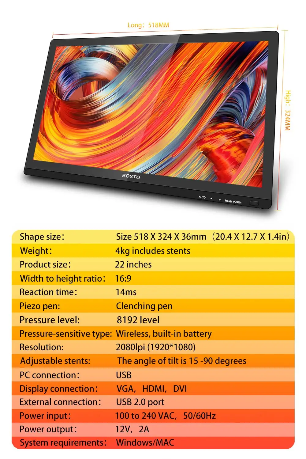 Графический планшет 8192 уровней ручка монитор ips lcd HD Рисование дисплей 21 5 Дюймов |