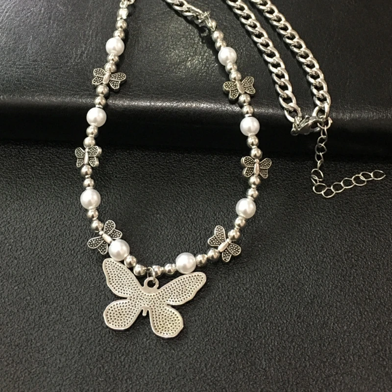 

Gothic Butterfly Pendant Necklace for Women Choker Aesthetic Hippop Pearl Chain Collar Jewelry Gift
