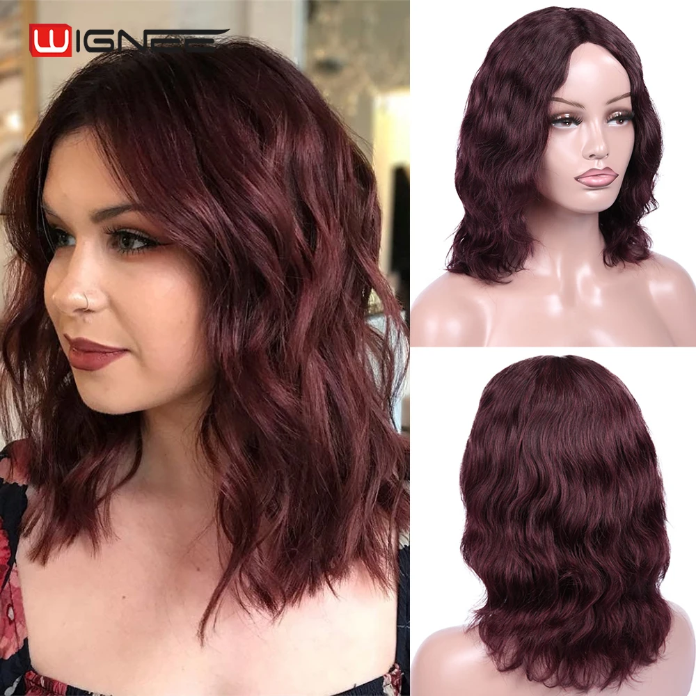 

Wignee короткие человеческие волосы 99J парики для черных женщин средняя часть естественная волна 150% высокая плотность кружева часть Remy волосы ...