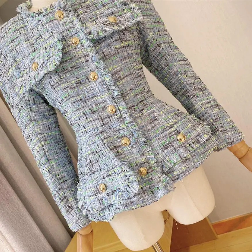 

Autumn Fashion Women Tweed Jacket With Shoulder Pad Flower Bud Hem Jacket Lady Single-breasted Slim Plaid Coats s389