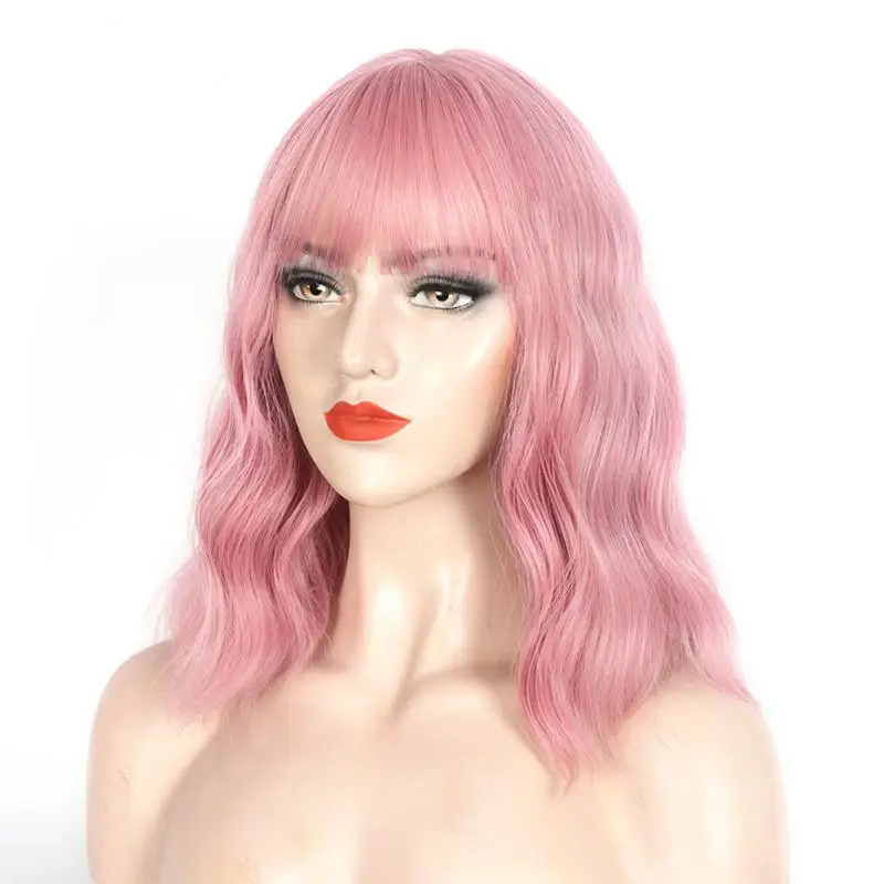

ELECOOL High Quality Short Natural Wave Hair Synthetic Wigs With Neat Bangs For Women Pink For Choose Dropshipping/Wholesale