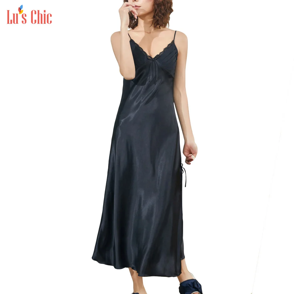 

Lu's Chic Satin Long Camisole V Neck Luxury Lace Silk Women Nightdress Sleep Dress Lingerie Slit Nightgown