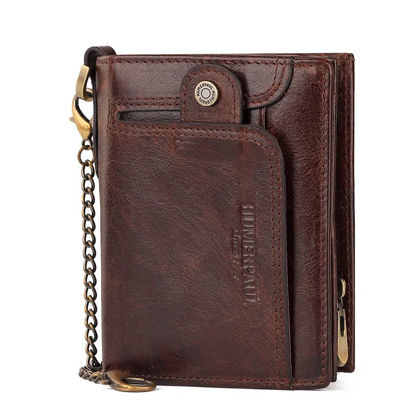 High Quality Leather Wallet RFID Antimagnetic Multi-card Coin Purse Cowhide Chain Anti-theft Men's Bag Multi-function