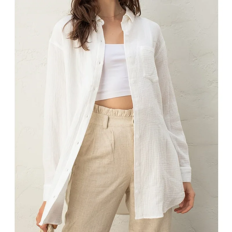 

New Ladies Loose Cotton Shirt Single-Breasted Cardigan Solid Color Long-Sleeved Versatile Lapel Shirt