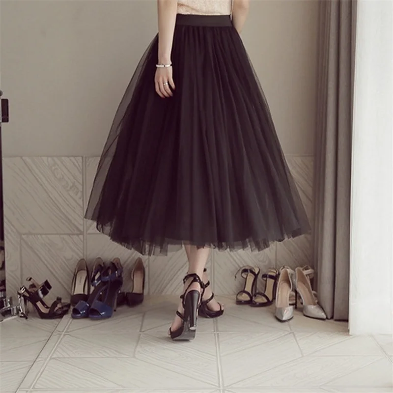 

2021 Autumn Winter Vintage Tulle Skirt Women Elastic High Waist Mesh Skirts Long Pleated Tutu Skirt Female Jupe Longue
