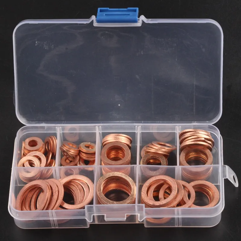 

120pcs M6-M20 Assorted Copper Washer Gasket Set 8 Sizes Flat Ring Seal Assortment Kit with Box For Hardware Accessories