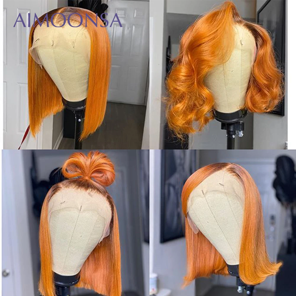 Ginger Orange Lace Front Wig Glueless Short Bob Human Hair Wigs Pre Plucked Pixie Cut 13x4 Lace Front Human Hair Wigs 130% Remy