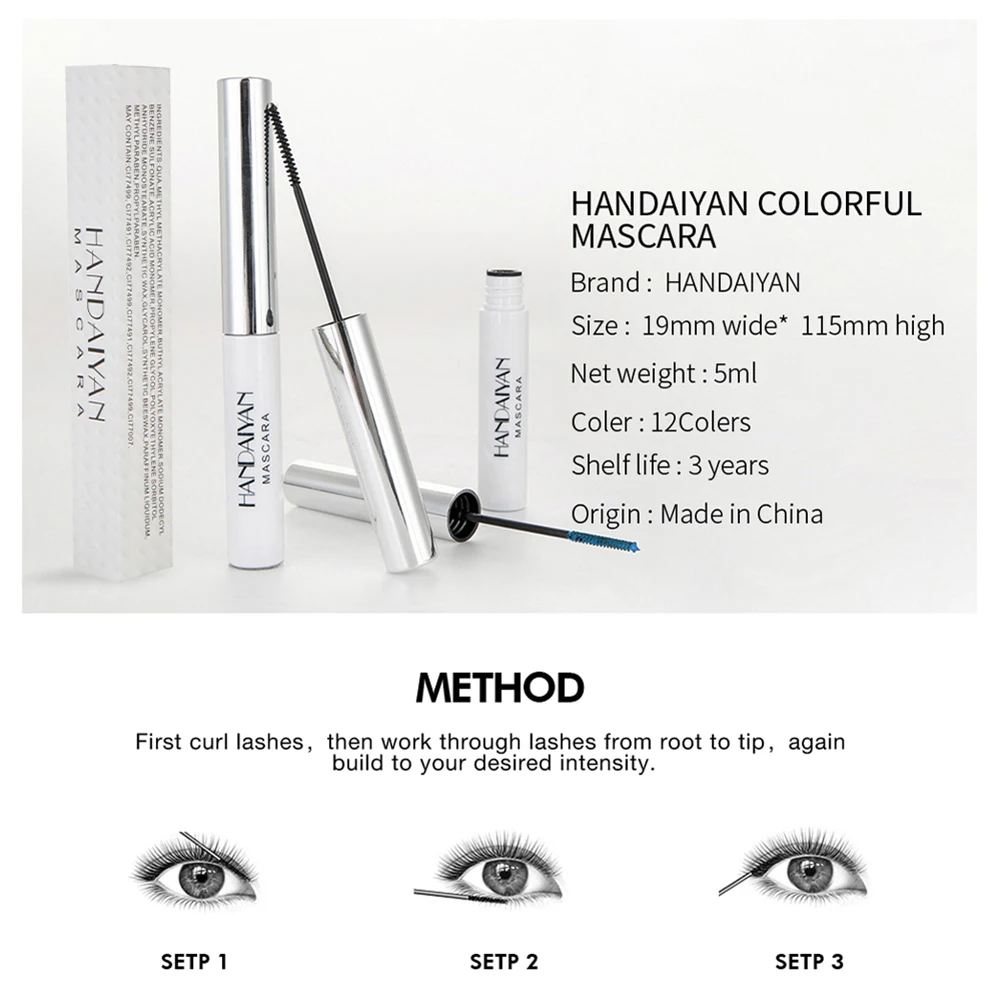 HANDAIYAN Eyes Makeup Colored Mascara Waterproof Easy Remove Lengthen Eyelashes Party Use |