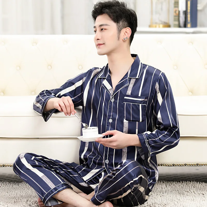 Men's Stain Silk Pajama Set Men's Sleepwears Homme Cozy Satin Nightgown Casual Pajama Men Luxurious Ice Silk Pajamas Long Sleeve