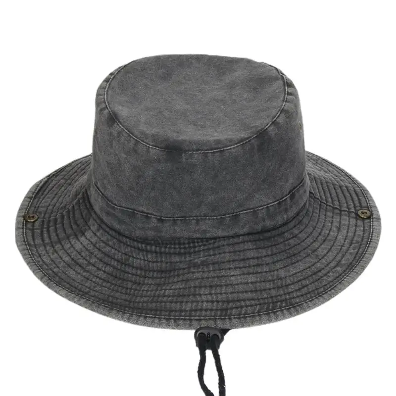 

Unisex Vintage Washed Denim Cotton Boonie Hat Wide Brim Sunscreen Breathable Outdoor Fishing Bucket Cap with Chin Strap