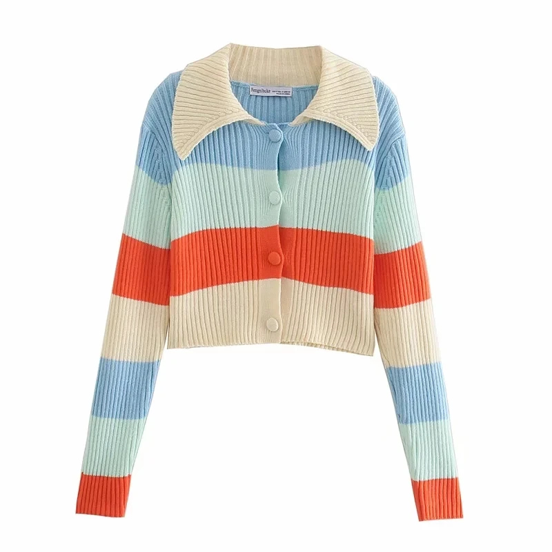 

Женский укороченный вязаный кардиган в полоску, винтажный свитер с длинным рукавом и пуговицами, верхняя одежда, шикарные топы, осень 2021
