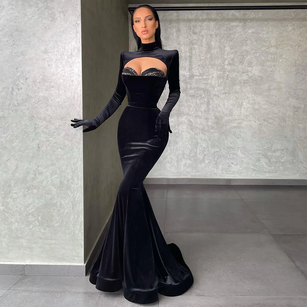 

Xijun Black Mermaid Beadig Evening Dress Long Sleeves High Neck Prom Dresses Dubai Women Formal Party Gown