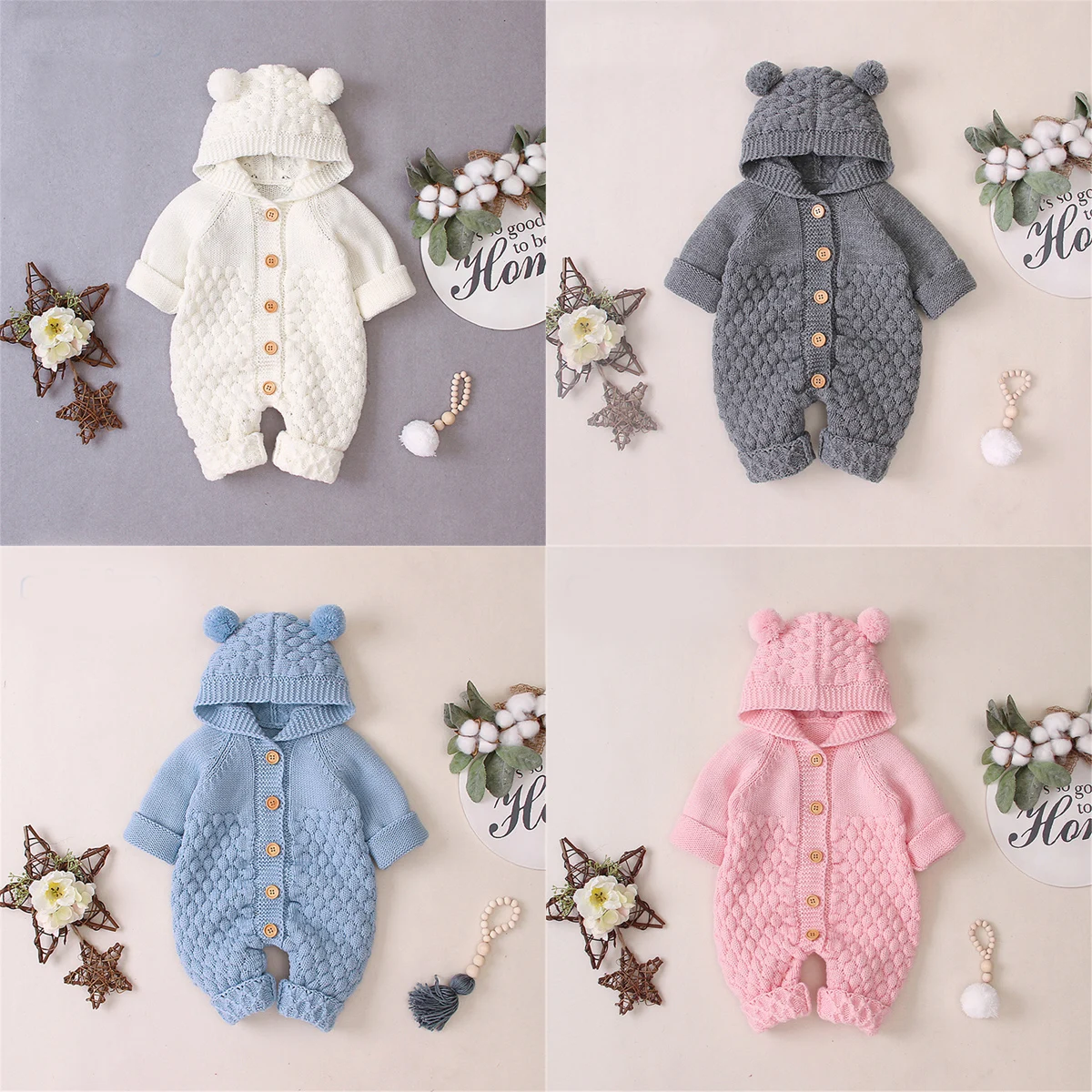 Solid Long sleeve Buttons Up Knitted Warm Hoodie Romper For Baby Girl | Детская одежда и обувь