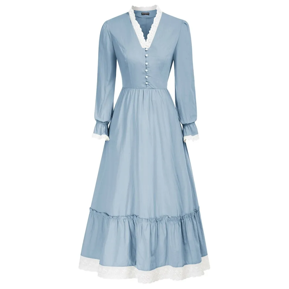 

SD Women Renaissance Cotton Dress Puffed Long Sleeve V-Neck Flared A-Line Dress Breathable Comfortable Cotton Fabric