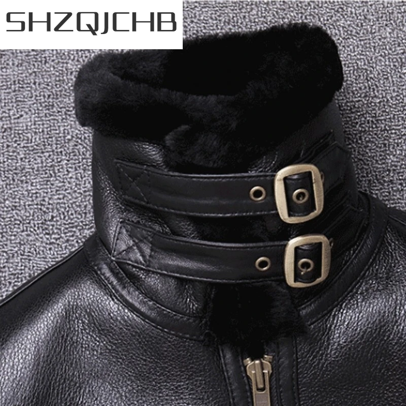 

JCHB 2021 Winter Mens Real Sheep Fur Lining Jacket Genuine Leather Motorcycle Windbreaker Jacket Buckle Collar Thick Warm Shearl