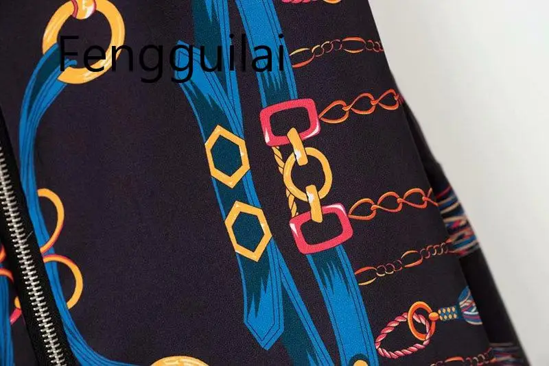 

2019 Autumn Spring Women Vintage Chains Print Loose Jacket Ladies Pockets Long Sleeve Casual Flight Jacket Stand Collar Outwear