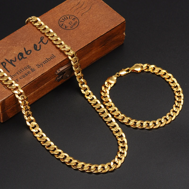 Men Women's 24 K Yellow Solid Gold Bracelet 21CM Necklace Set Classics Fashionable Solid Curb Chain Abrasion