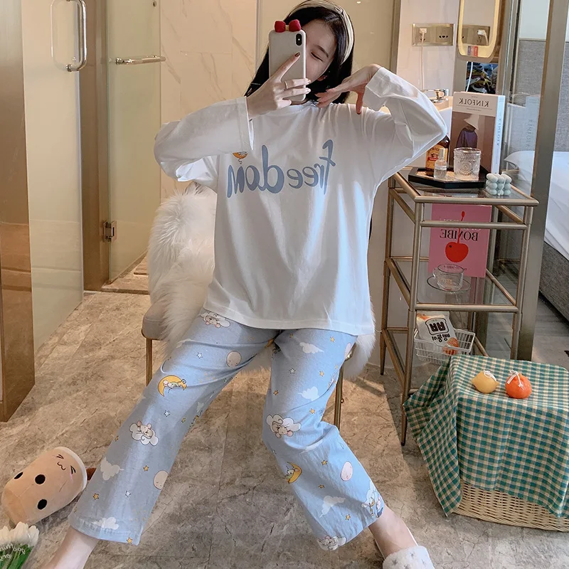 

Spring and Autumn Pajamas Women's Long Sleeve Fresh Pure Cotton Two-Piece Suit Cloud Mouse Korean Thin Section Can Be Outerwear