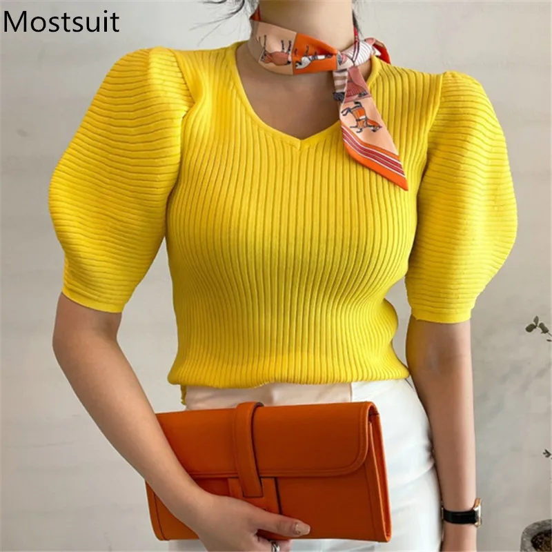 

Summer Puff Sleeve Knitted Pullover Sweater Women V-neck Solid Slim Korean Fashion Tops Jumpers Femme 2021