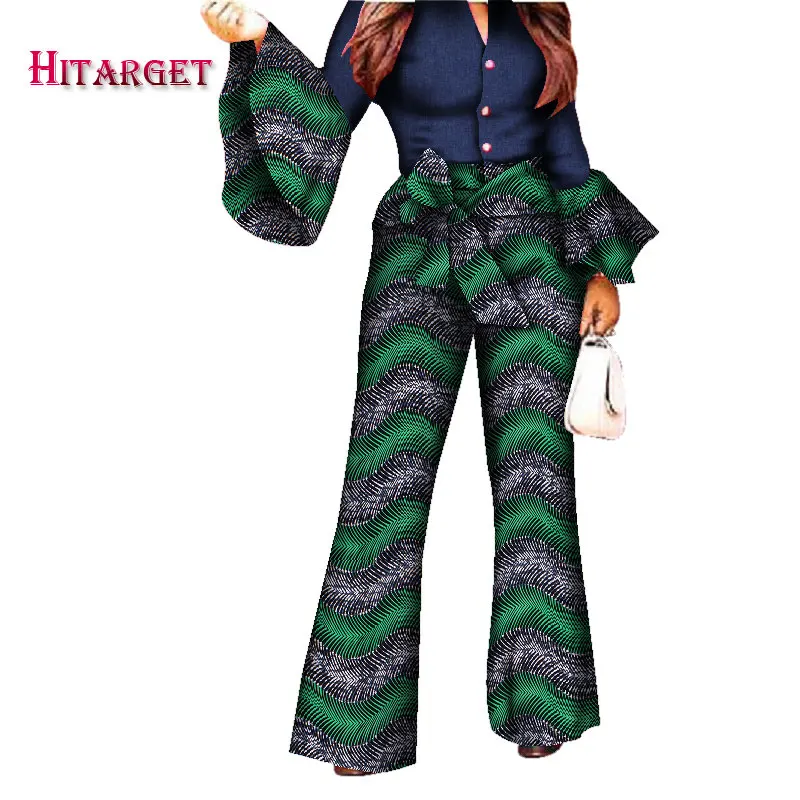 

2019 African Print Women Pant Set V-Neck Speaker Sleeve Romper Wide Leg Pants African Ladies Jumpsuits Rompers WY2772