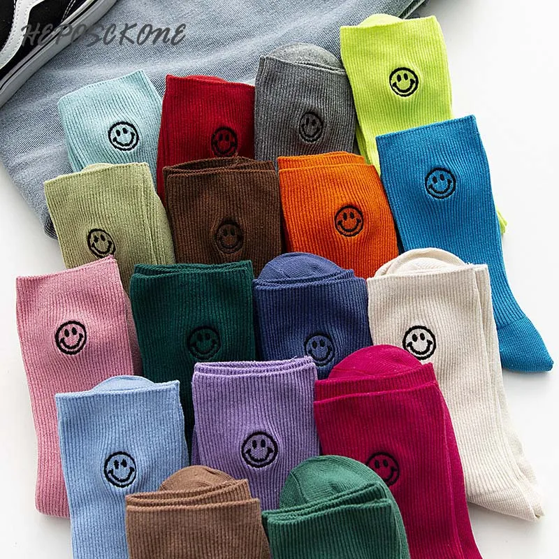 

[HEPOSCKONE]Japanese Department College Wind Candy Color Fashion Smiling Face Embroidery Funny Socks Chaussette Femme Skarpetki