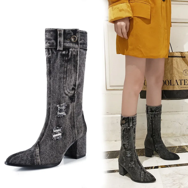 

Сапоги женские джинсовые до середины икры, заостренный носок, короткие зимние, на пуговицах, рыцарские сапоги, модная женская обувь ручной р...