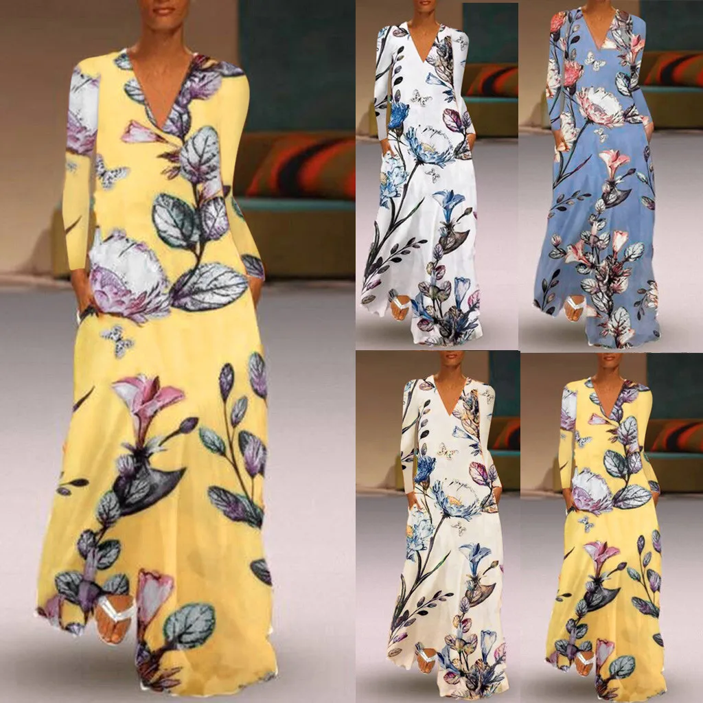 Платье макси летнее с длинным рукавом и V образным вырезом|Женские платья| |