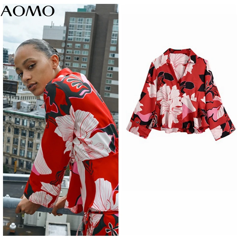 

AOMO Women Vintage Flowers Print Crop Shirt Long Sleeve 2021 Chic Female High Street Loose Shirt BE507A