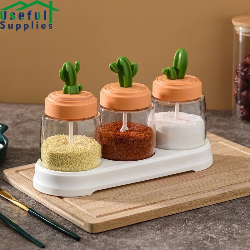 

Cartoon Cactus Spice Jars Kitchen Organizer Glass Container Seasoning Cans With Spoon Condiment Bottles Kitchen Supplies Storage
