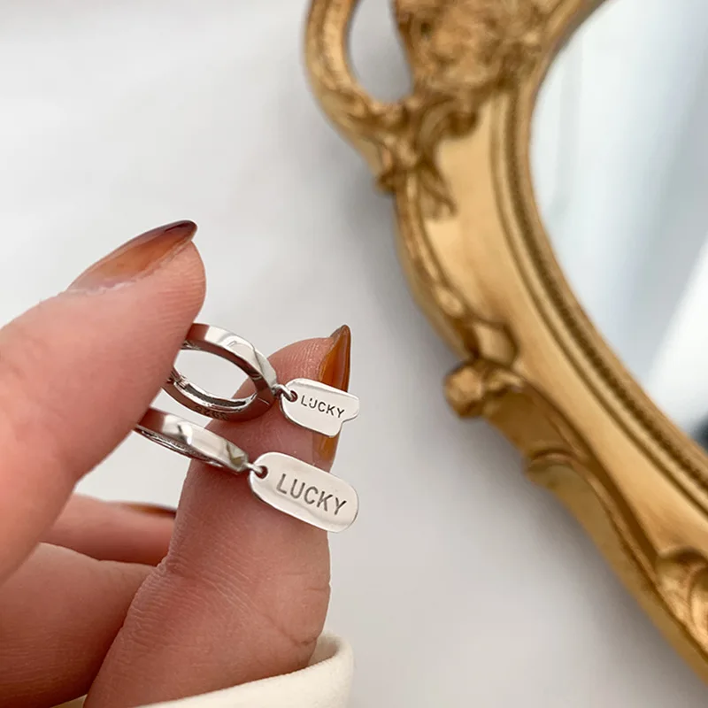 

925 Sterling Silver Asymmetry Letter Lucky Geometric Drop Earrings for Women Fashion Party Wedding Jewelry eh1648