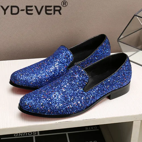 British blue hidden heel shoes for men solid slip-on dress wedding loafers causal velvet slippers glitter genuine leather brogue | Обувь