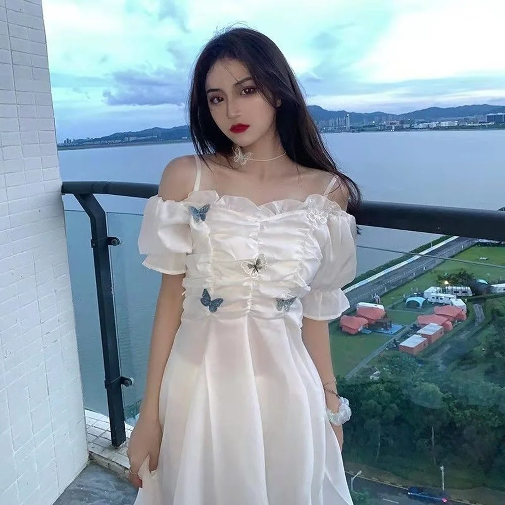 

Fairy Dress Woman Ruffle Off Shoulder Short Dress Elegant Mesh Beach White Butterfly Dress for Women Party 2021 Korean New
