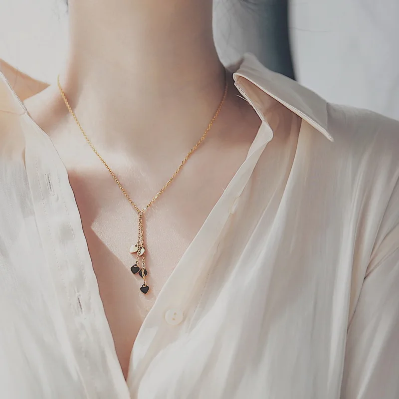 

YUN RUO Fashion Five Hearts Tassel Pendant Necklace Rose Gold Color Titanium Steel Jewelry Woman Gift Never Fade Drop Shipping