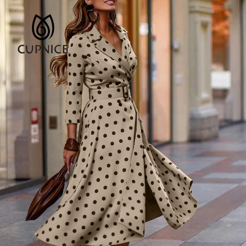 

Women Autumn Turn-Down Collar Full Sleeve Long Party Dress Dot Printing Patchwork Ladies Dress Elegant Streetwear Dropshipping