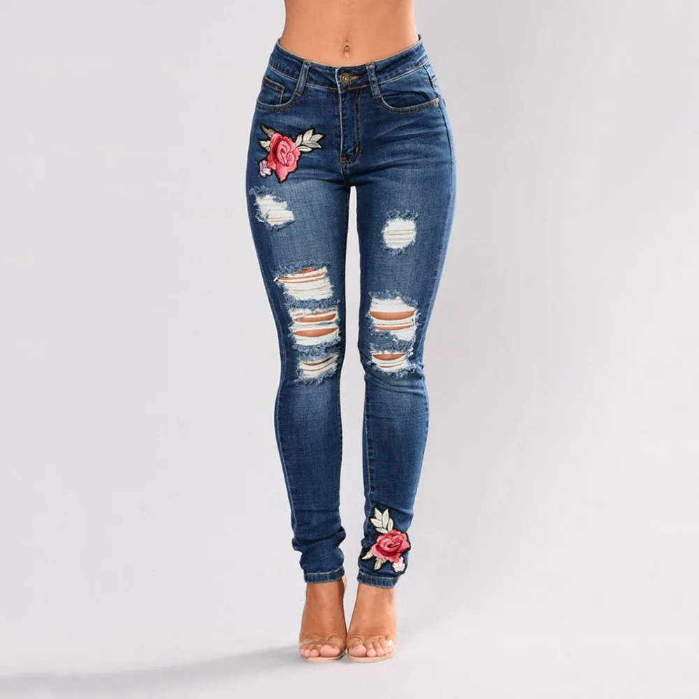 

Women Stretch High Waist Skinny Embroidery Jeans Without Ripped Woman Floral Holes Denim Pants Trousers Women Jeans Pencil Pants